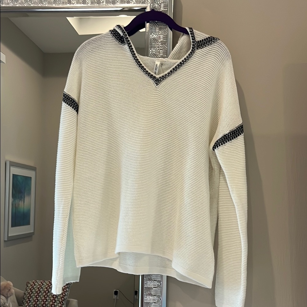 White Sweater with Black Accents and hood